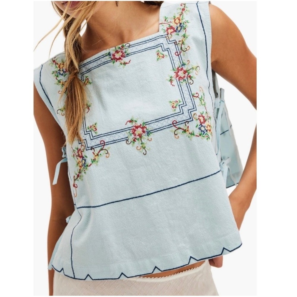 Free People Garden Wall Crosstitch Tank Embroidered Square Neck Tie Sides Blue L